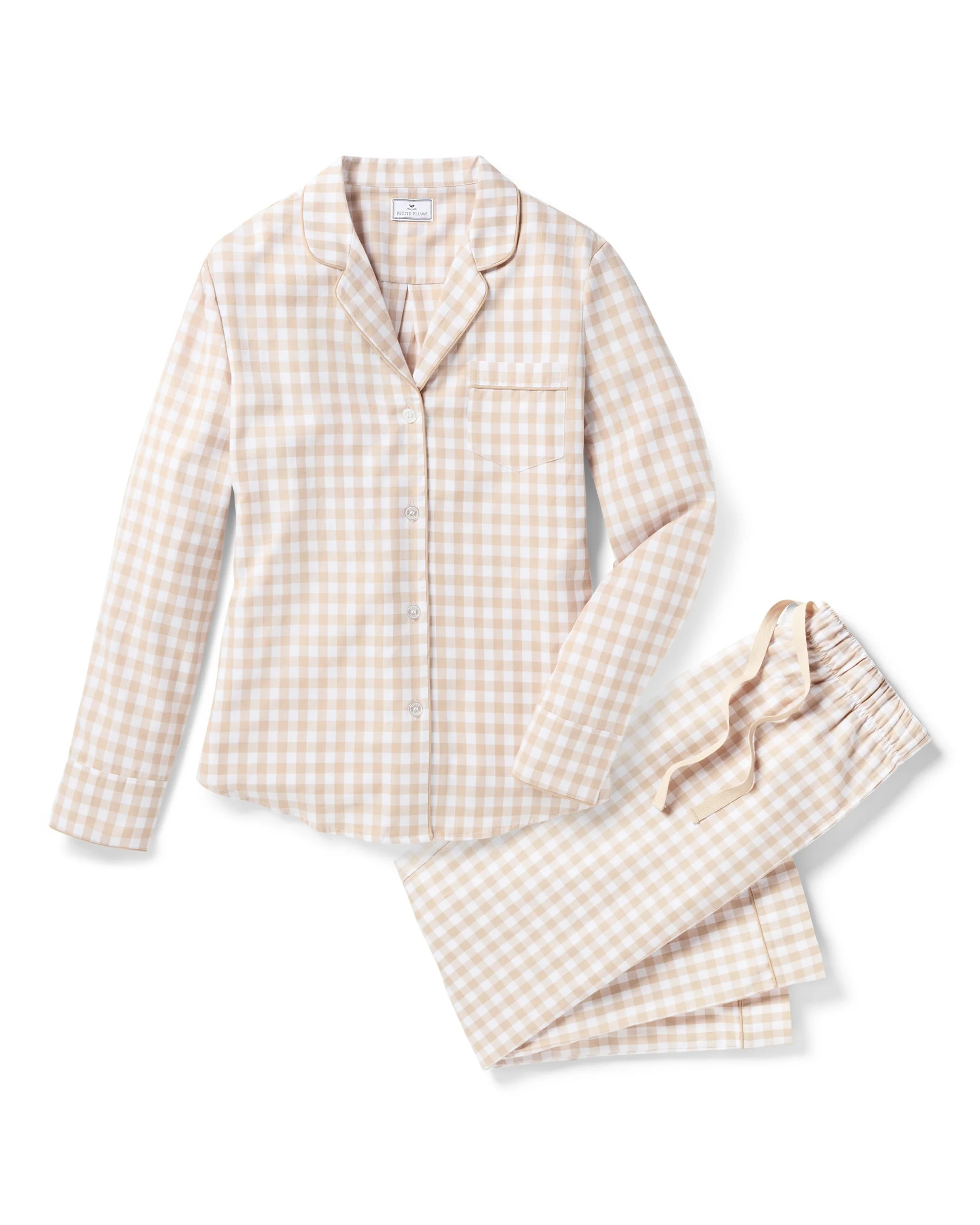 Women's Twill Pajama Set in Camel Gingham | Petite Plume