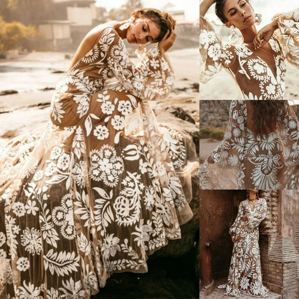 dresses summer dress for women Boho Women Holiday Sundress Pantern Sleeve Backless V-Neck Evening... | Walmart (US)