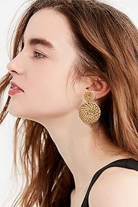 Rattan Earrings for Women Girls Handmade Lightweight Wicker Straw Stud Earrings Statement Weaving... | Amazon (US)