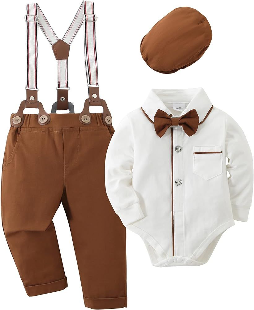 Baby Boys Gentleman Outfits Suits, Infant Tuxedo Long Sleeve Clothes Set+ Beret Hat+ Suspender Pa... | Amazon (US)