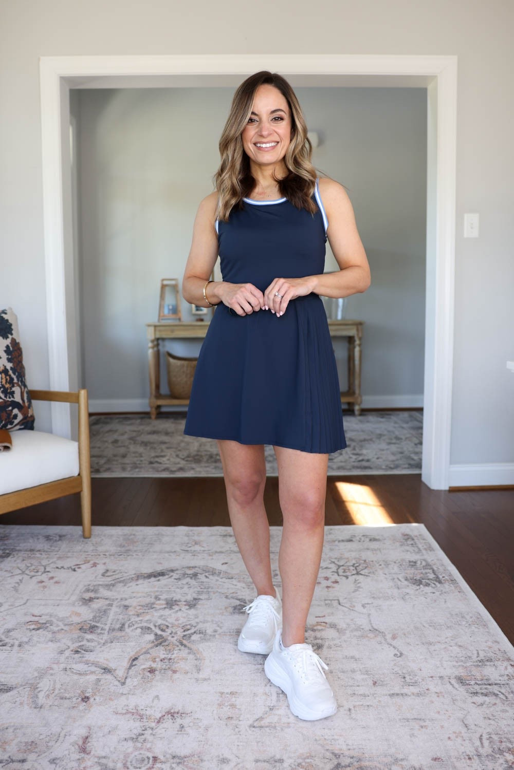 Petite-friendly active dresses from Target! 

Dress: xs - built in shorts and bra (shorts are easy access for bathroom breaks). 
Sneakers: true to size