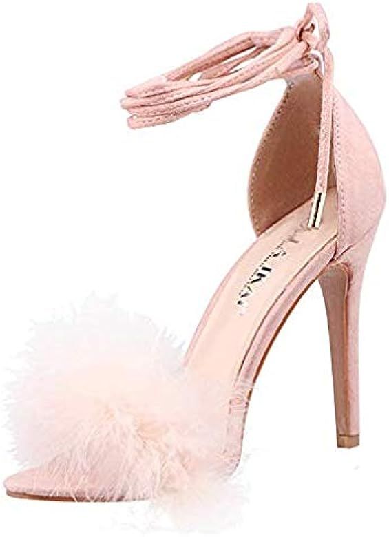 LALA IKAI Women’s Open Toe Stiletto Fluffy Feather Lace up Sandals High Heels Dress Shoes | Amazon (US)