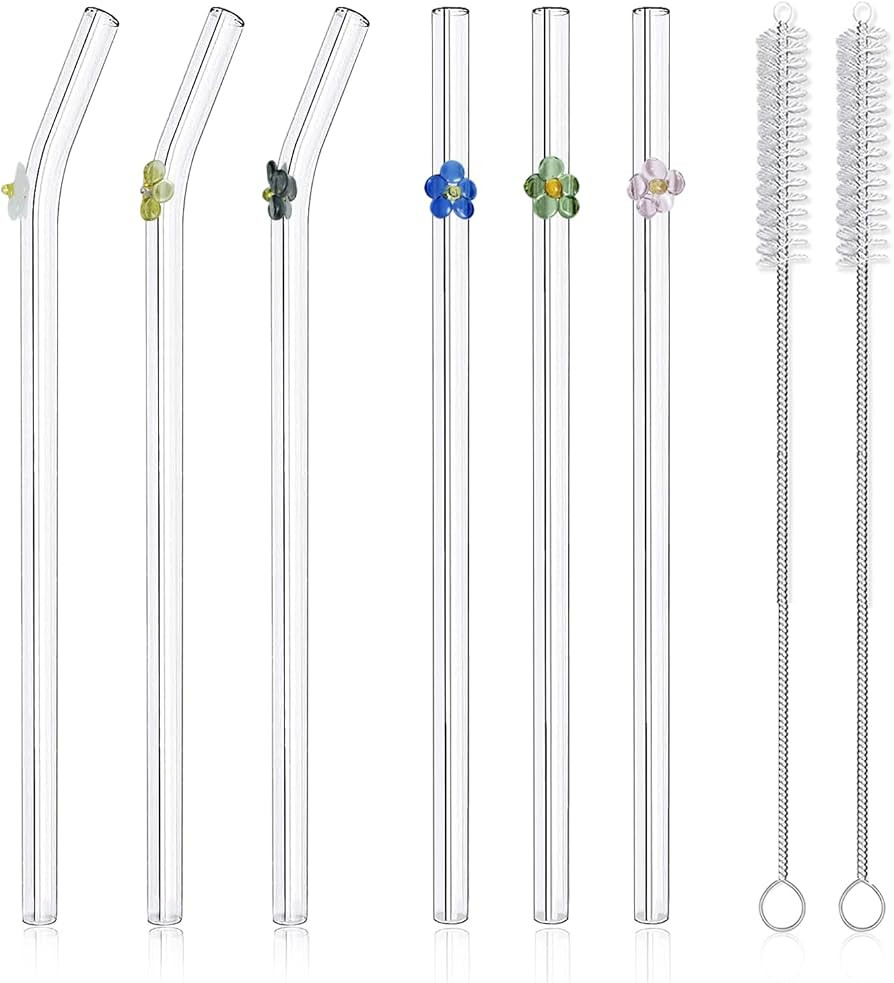 SELPONT ble Glass Straws with Flowers,Glass Straws Shatter Resistant,8''x8 MM,6 Bent with 2 Clean... | Amazon (US)