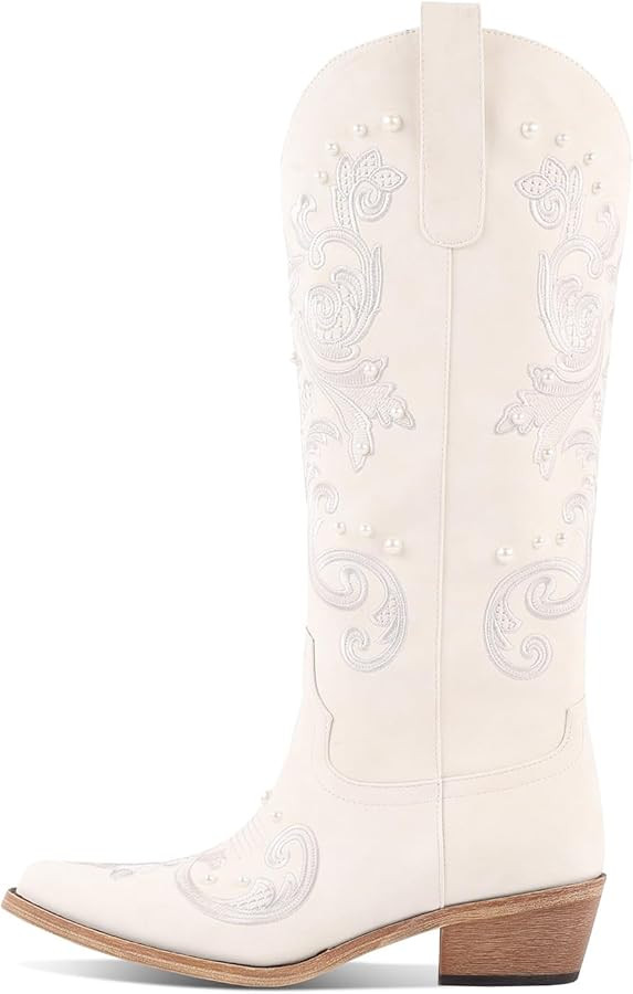 Cowboy Boots with Bow Knee High Embroidered Cowgirl Boots for Women Chunky Heel Pointed Toe Weste... | Amazon (US)