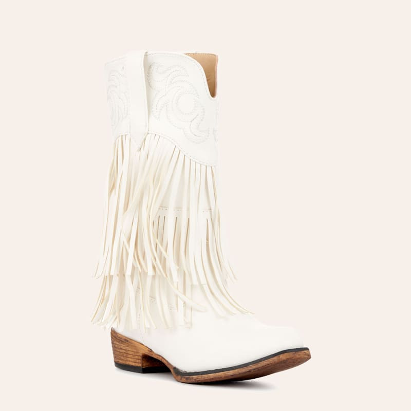 Roper Girls Rickrack White Faux Leather Fringe Snip Toe Cowboy Boots | Cavender's