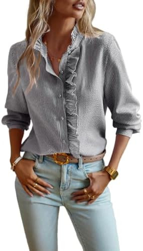 Pinclodly Womens Button Down Shirt Stand Collar Ruffle Top Striped Long Sleeve Shirts Work Tops f... | Amazon (US)