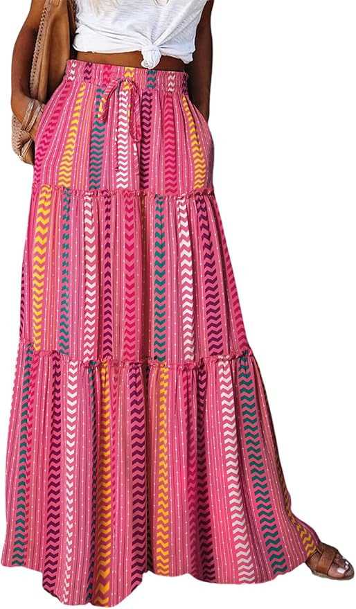 Happy Sailed Womens Floral Print Boho Maxi Skirt Elastic High Waist Pleated Ruffle Flowy Long Ski... | Amazon (US)