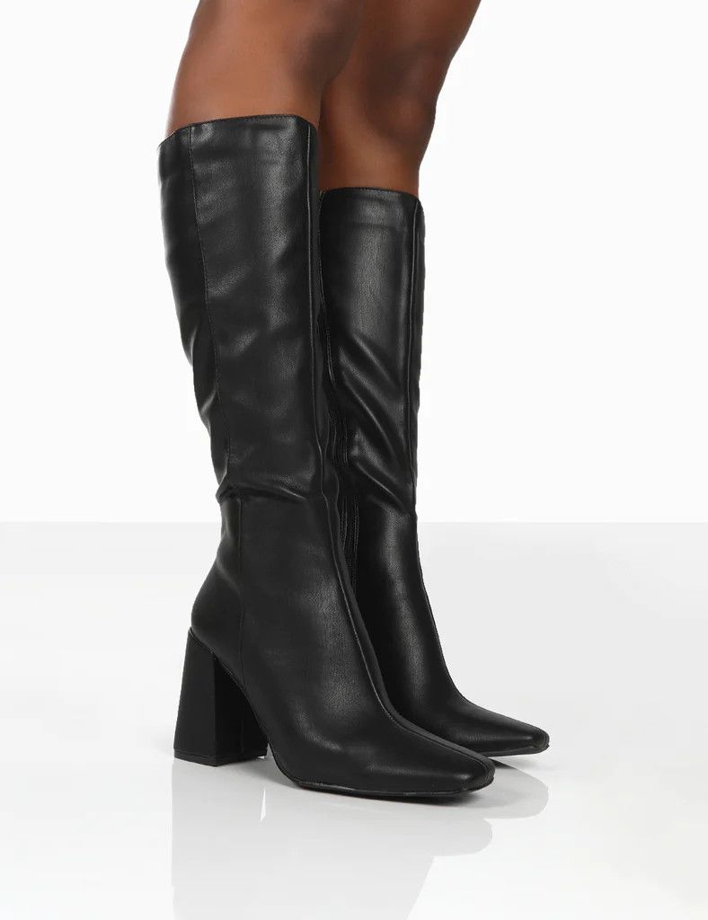 Apology Black Pu Knee High Block Heel Boots | Public Desire (US & CA)