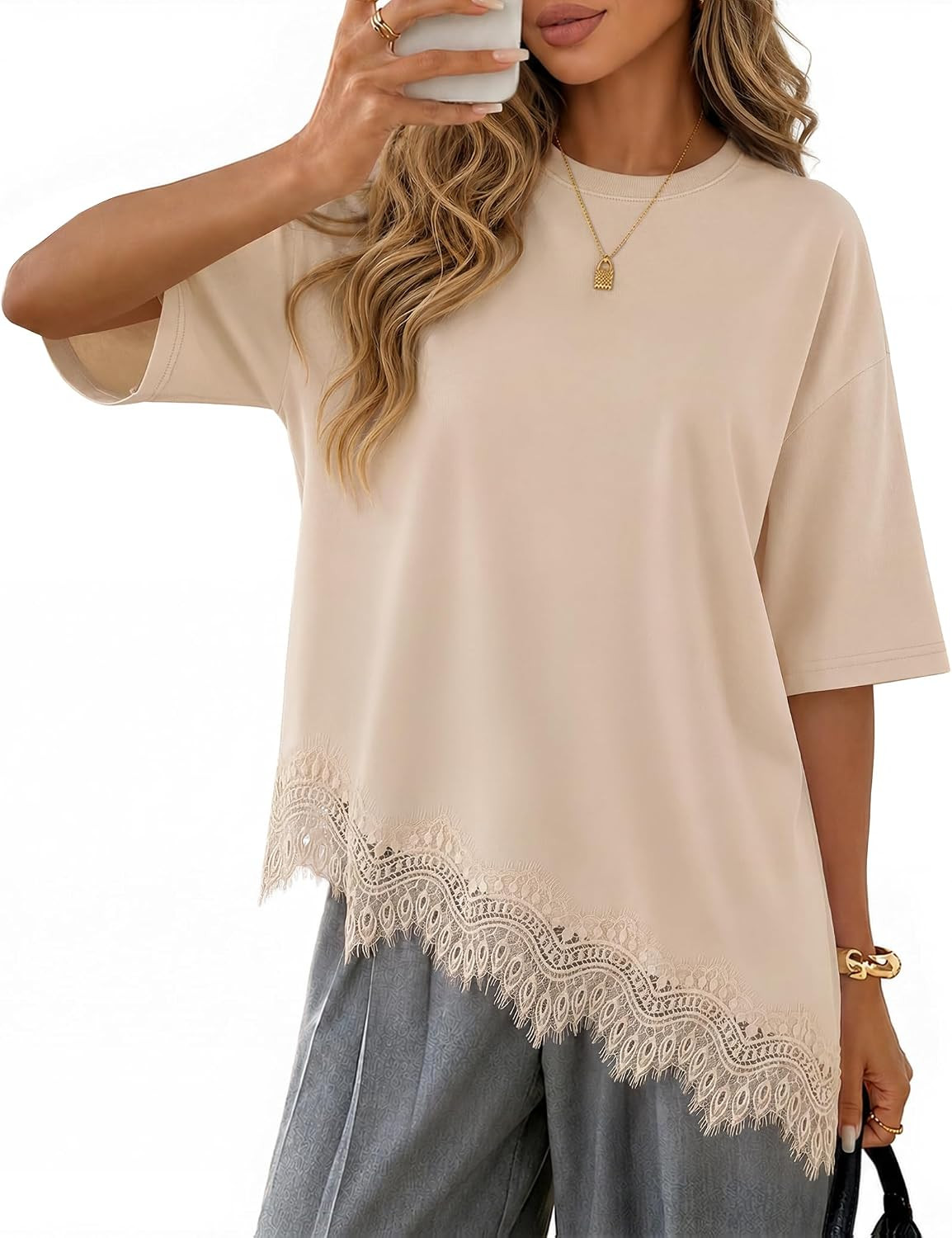 ZESICA Women's Summer Oversized T-Shirts Asymmetrical Lace Going Out Tops | Amazon (US)