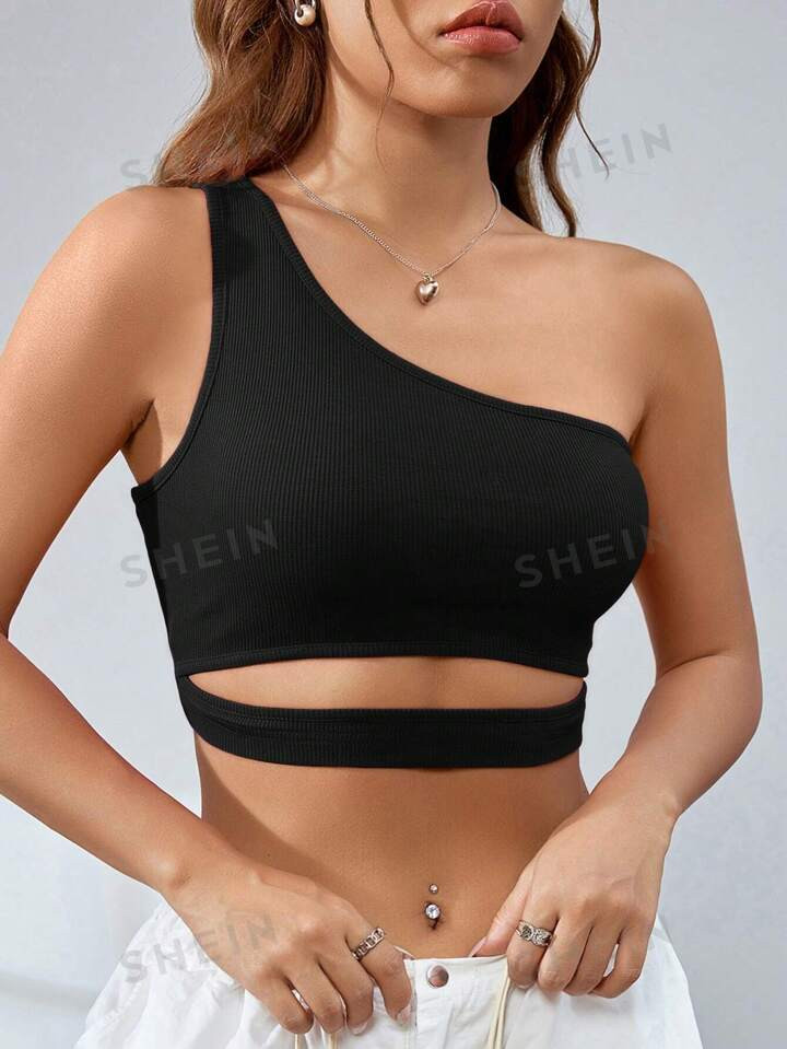 SHEIN EZwear One Shoulder Cut Out Crop Top | SHEIN