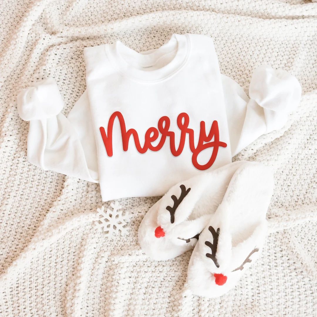 Embossed Merry Sweatshirt for Christmas Women Winter - Etsy | Etsy (US)