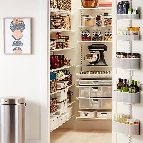 Elfa Classic White Walk-In Pantry with Door & Wall Rack | The Container Store