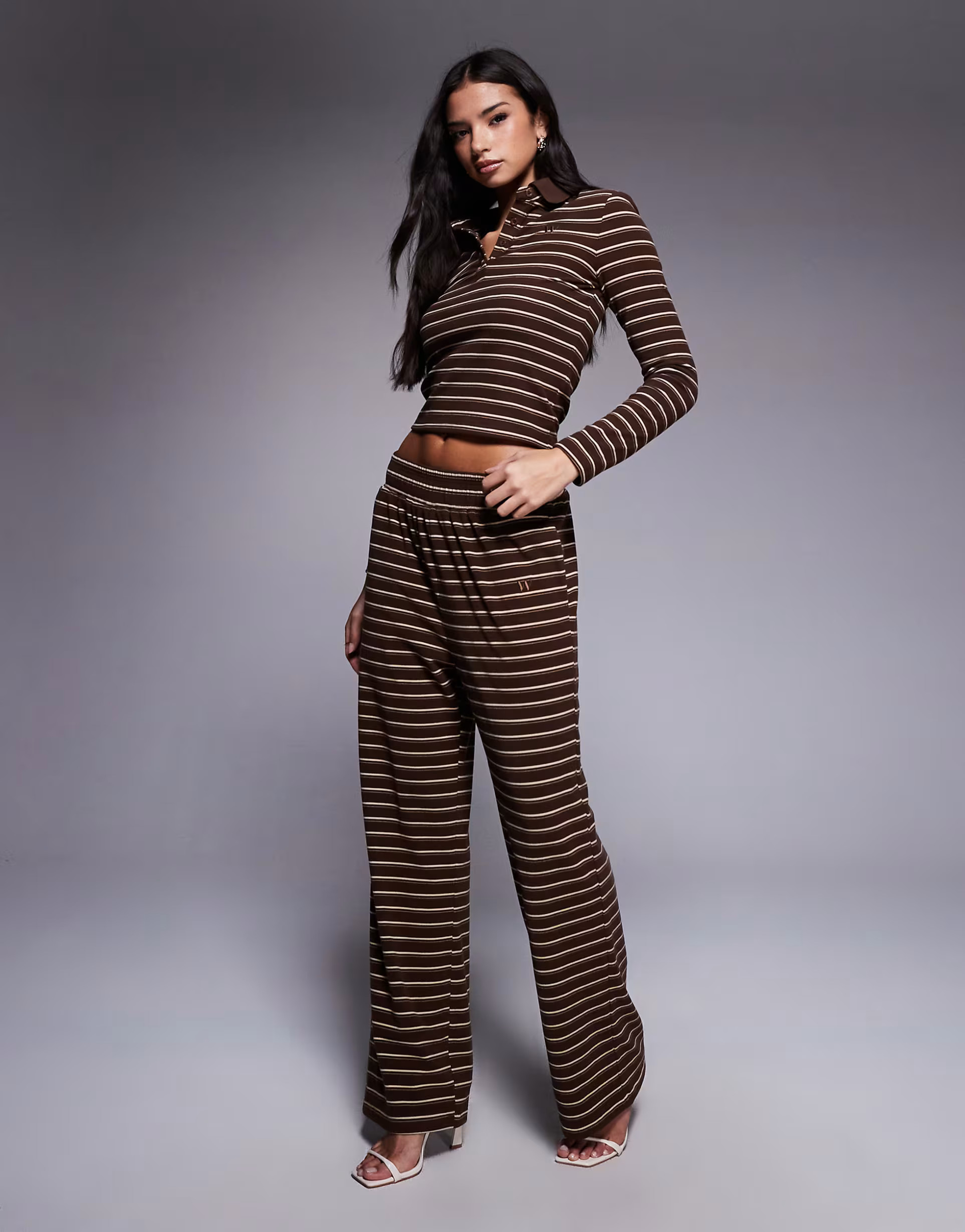 Wanderdoll Frankie premium heavyweight jersey wide leg trousers co-ord in brown stripe | ASOS (Global)