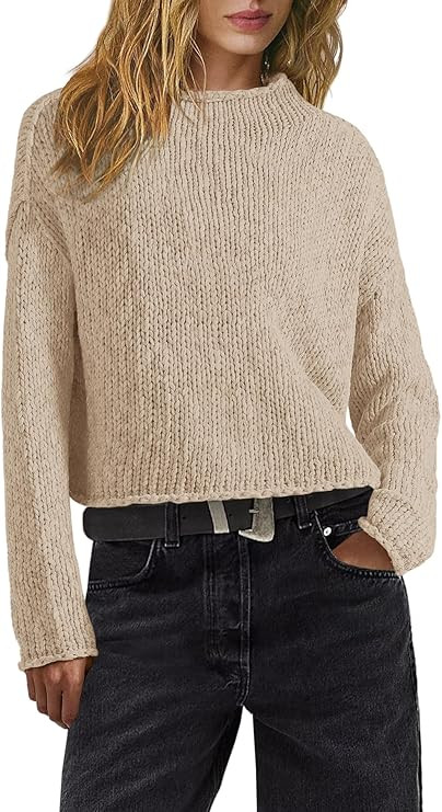 Panadila Womens Mock Neck Cropped Sweater Oversized Chunky Knit Pullover Sweaters Fall Long Sleev... | Amazon (US)