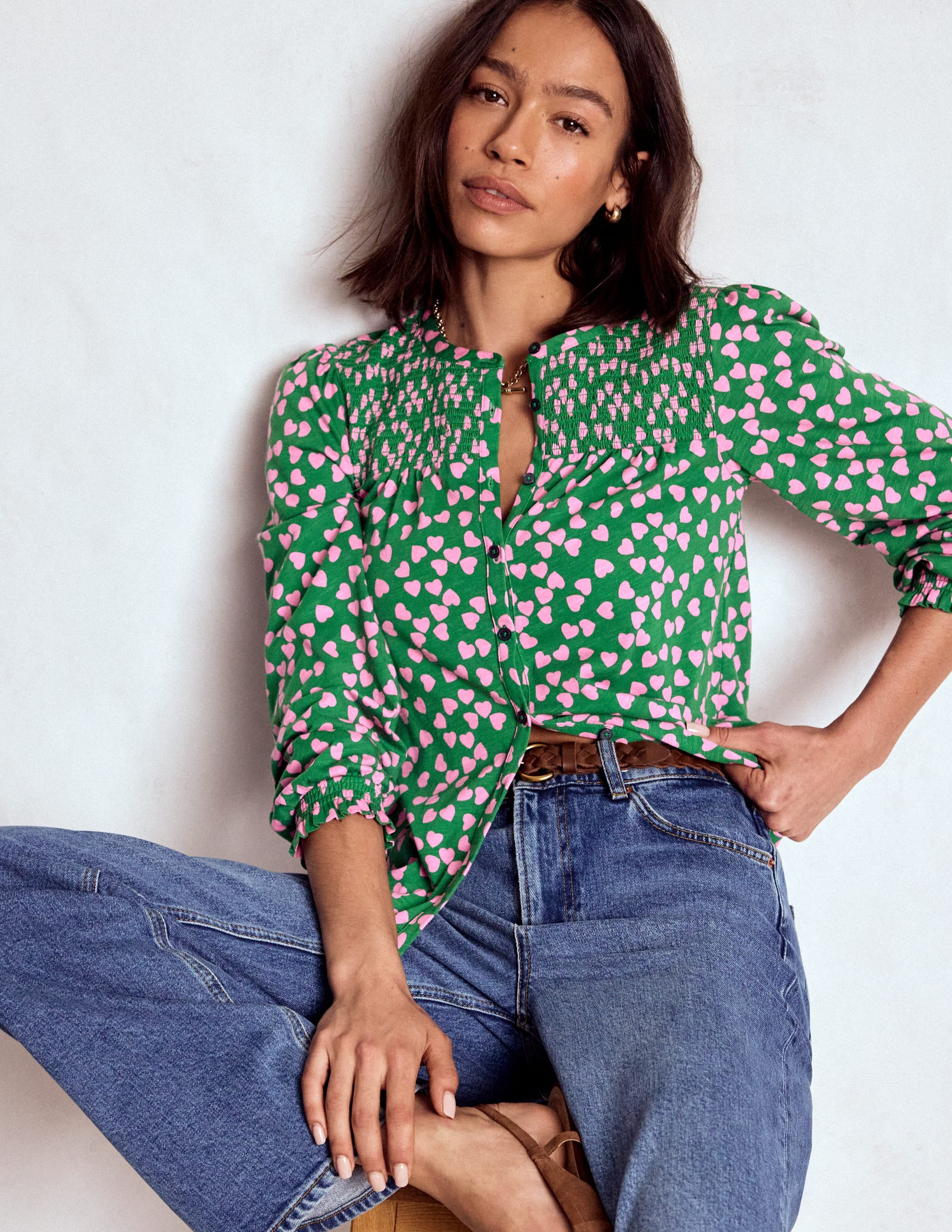 Elsa Smocked Yoke Jersey Shirt-Highland Green, Heart Cascade | Boden (US)