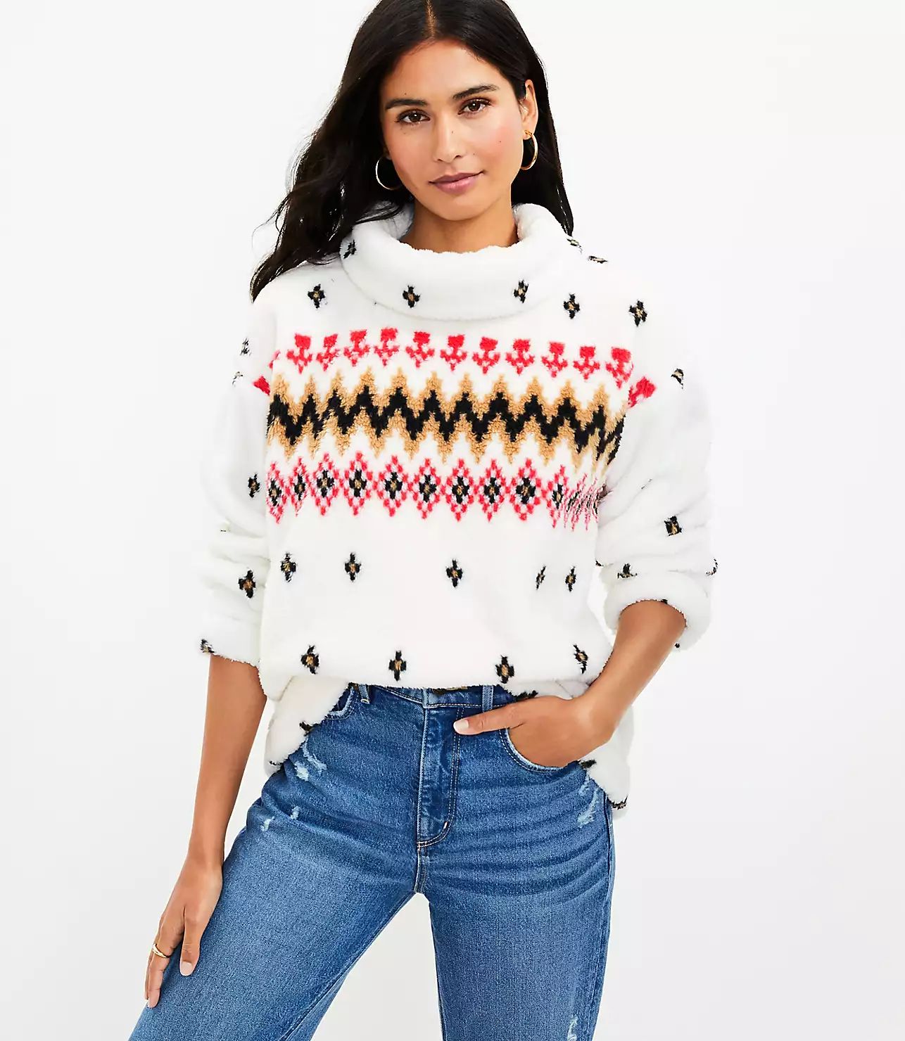 Fair Isle Mock Neck Sherpa Top | LOFT