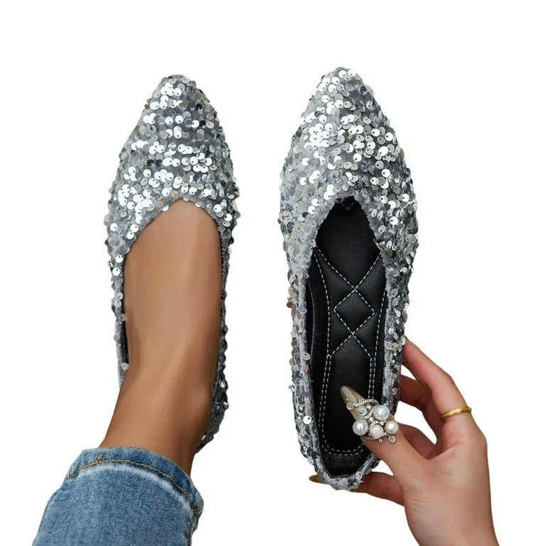 Purcolt Flats for Women Sparkly Sequin Pointed Toe Shallow Mouth Ballet Flats Comfortable Glitter... | Walmart (US)