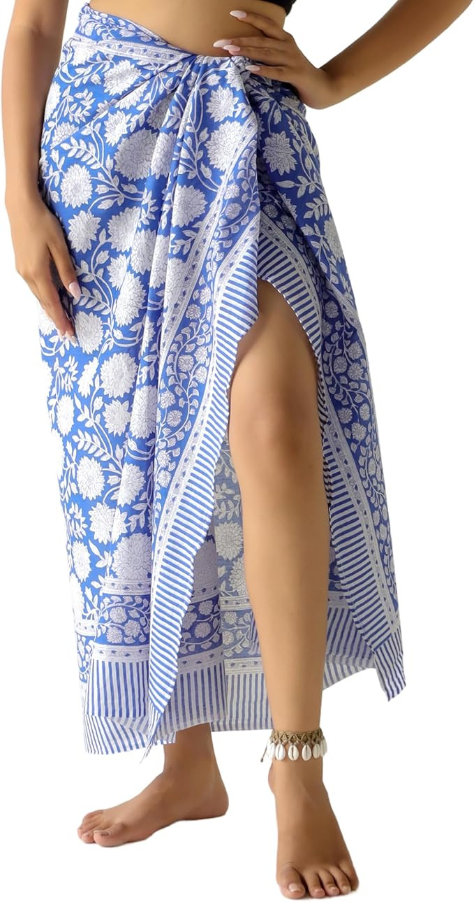 100% Cotton Sarong Cover Up for Women Indian Block Print Beach Wrap Skirt Long Boho Swimsuit Biki... | Amazon (US)