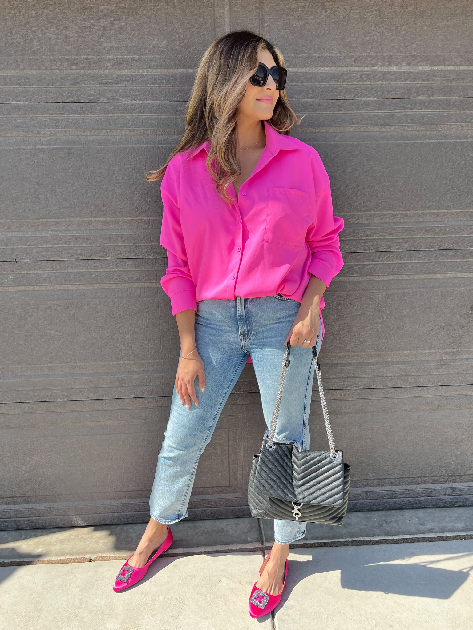 Pink button up shirt with pink embellished satin ballet flats. Wearing a large in shirt and size 8.5 in shoes
—

#midsizeoutfits
#size10
#size8
Business casual 
Spring workwear 
#amazon 
#amazonworkwear
#amazonoutfits

#LTKworkwear #LTKunder50 #LTKFind