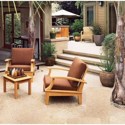 3 Pc Lounge Chair Set: 2 Lounge Chairs & SideTable + Cushions in Sunbrella Fabric #5425 Canvas Cocoa-33" H x 30" W x 34" D | Wayfair North America