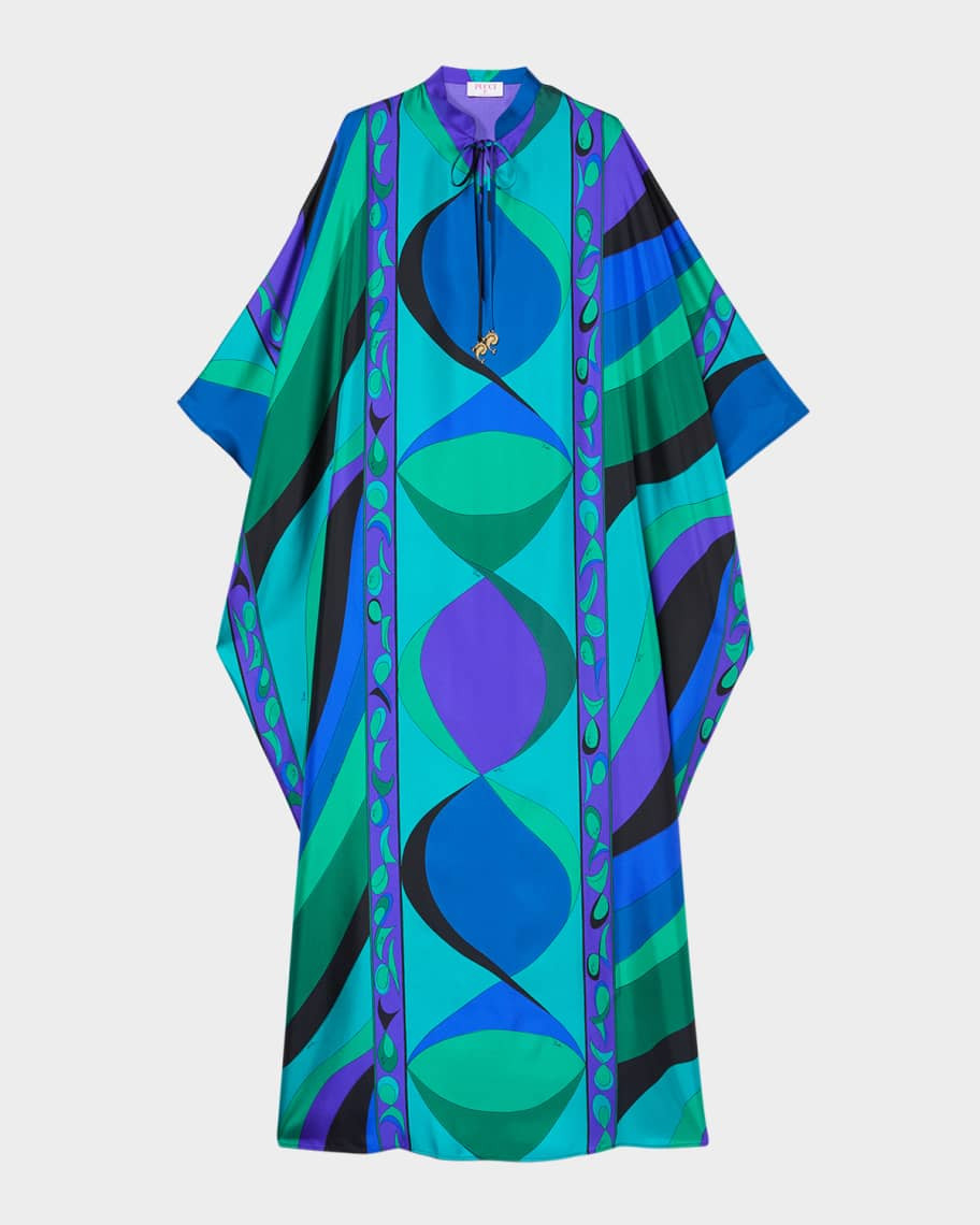 Pesci-Print Silk Twill Maxi Kaftan Dress | Neiman Marcus