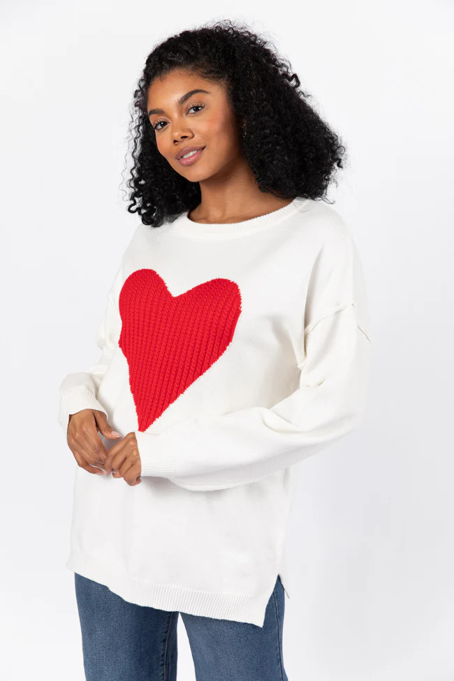 In My Heart Ivory and Red Cable Knit Heart Sweater - Coming Soon | Pink Lily