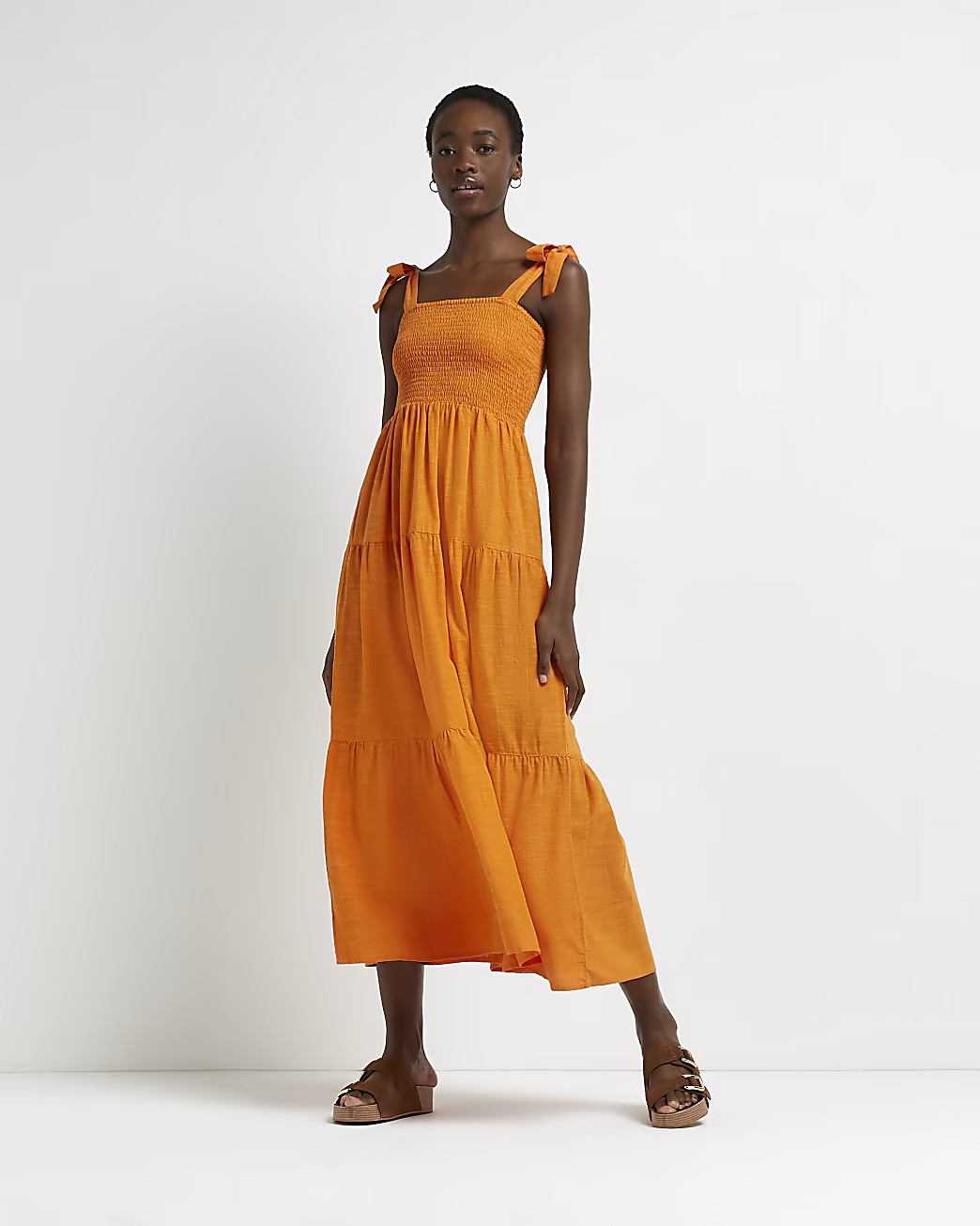 Orange shirred midi dress | River Island (UK & IE)