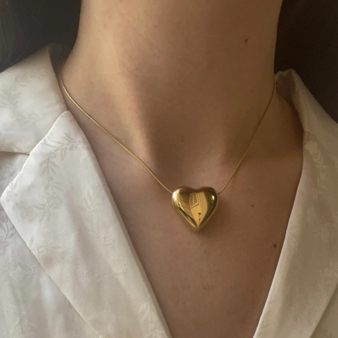 Big Heart Necklace Puffed Heart Pendant Snake Chain Stainless - Etsy | Etsy (US)