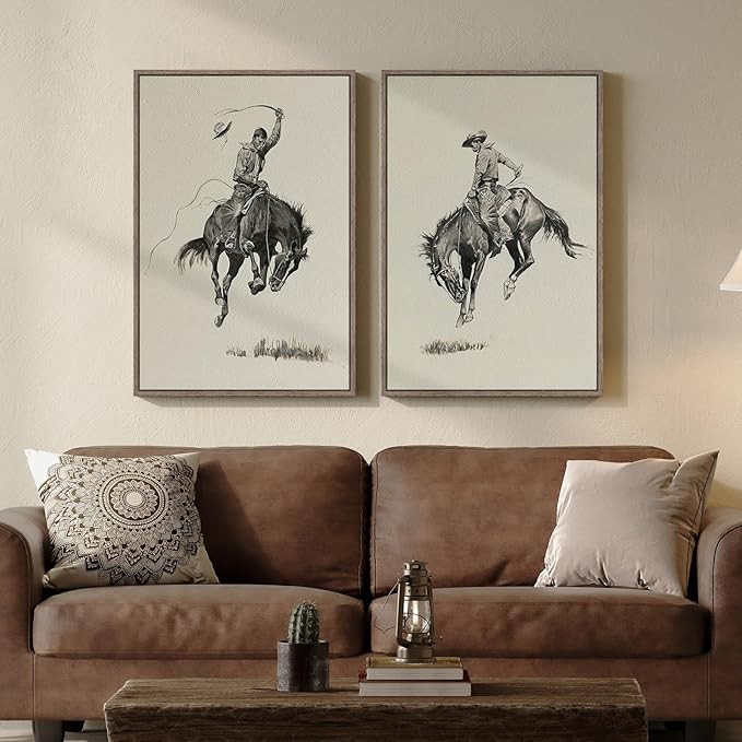 Large Framed Western Cowboy Wall Art Set, 2 Piece Vintage Farmhouse Canvas Prints Paintings, Blac... | Amazon (US)