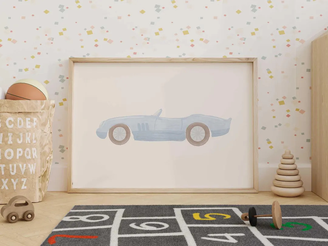 Classic Sport Car Poster, Watercolor Pastel Blue Retro Car Wall Art Print for Automotive Vehicles... | Etsy (US)
