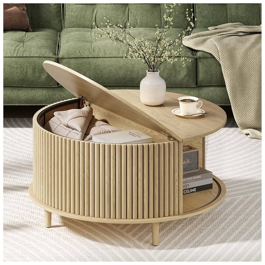 Round Coffee Table with Storage, Mid Century Modern Center Table with Sliding Cabinet Door, Flute... | Amazon (US)