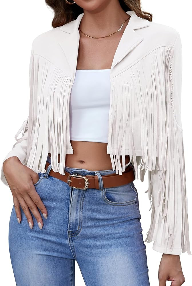 American Trends Womens Casual Faux Leather Jacket Fringe Tops Tassel Suede Cropped Coats Motorcyc... | Amazon (US)