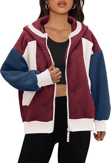 Panadila Womens Fuzzy Fleece Jacket Zip Up Oversized Hoodie Sherpa Warm Coats Color Block Top Out... | Amazon (US)