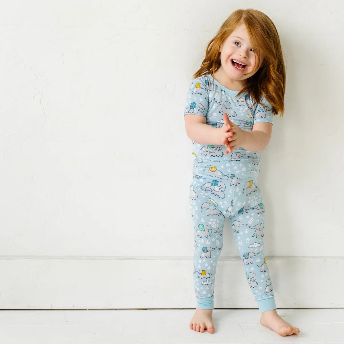 Blue Elephant Snuggles Two-Piece Short Sleeve Bamboo Viscose Pajama Set | Little Sleepies