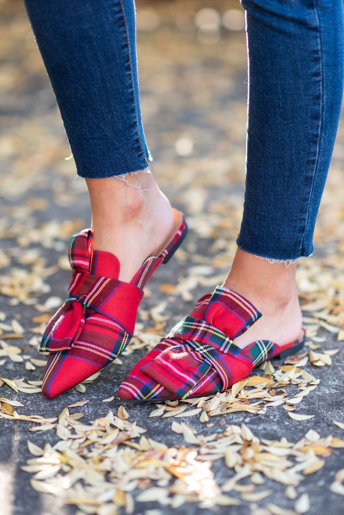 Under The Tree Red Plaid Flat Mules | The Mint Julep Boutique