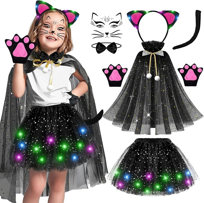 MOVINPE Black Cat Costume for Girls with LED Tutu Skirt Light up Ear Headband, Cape, Tail, Cat Pa... | Amazon (US)