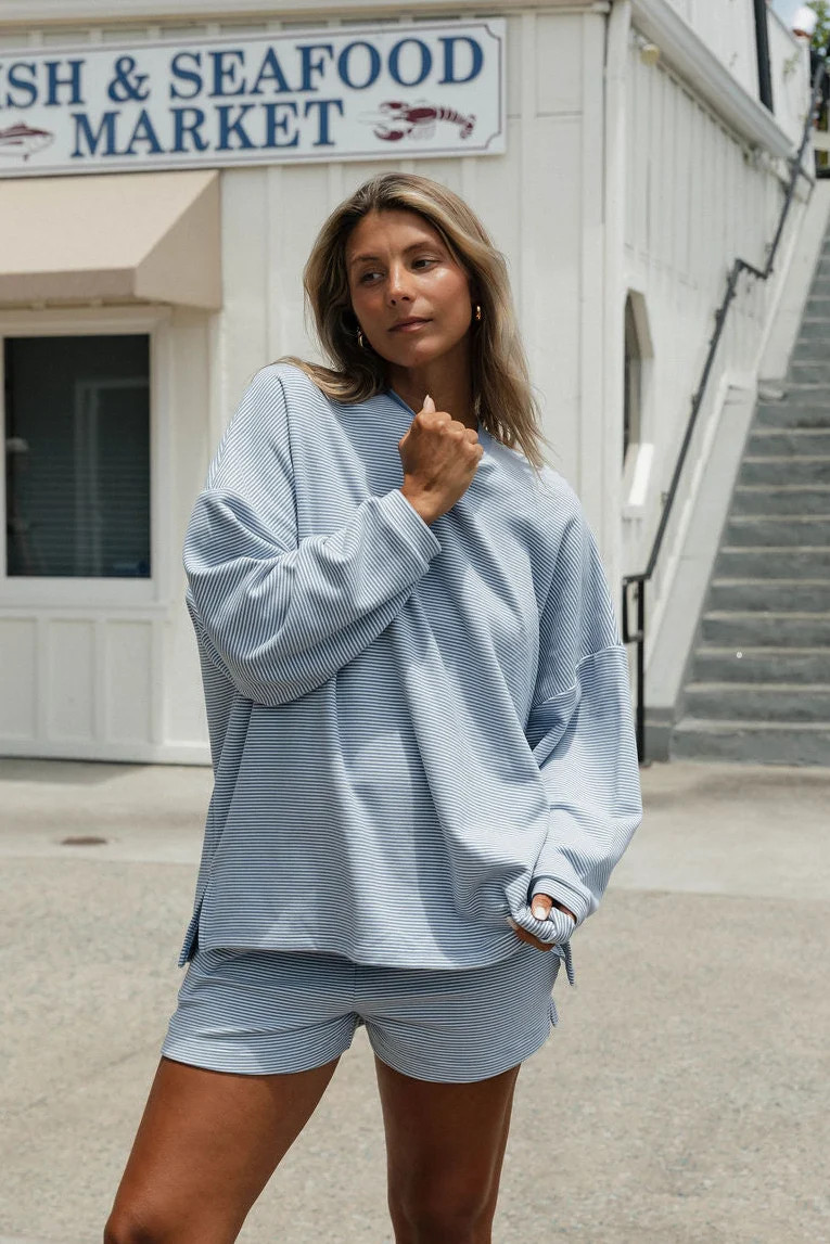 Naomi Striped Oversized Fleece Long Sleeve Top in Micro Nantucket Blue | Worth Collective