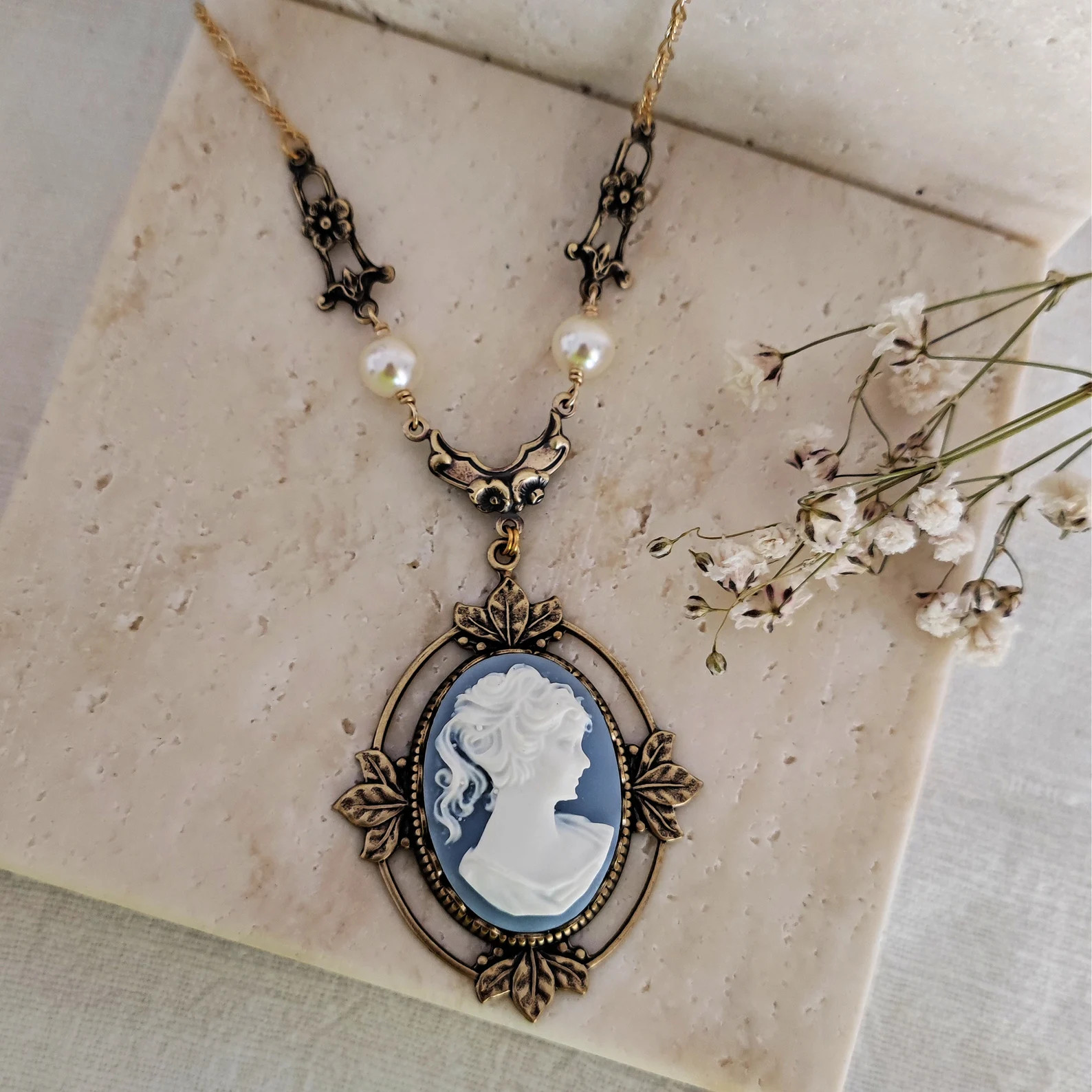 Victorian Cameo Necklace With Floral Accents, Victorian Light Blue Lady Cameo Necklace - Etsy | Etsy (US)