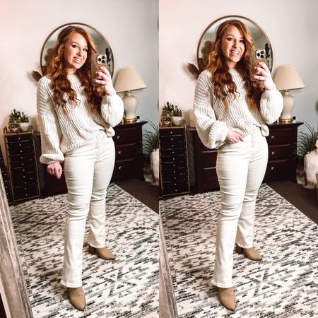 Beige white colored bootcut jeans in size 6 petite from stitch fix ! 

Sweater in size small from
Red dress boutique ! 

Monochromatic outfit 



#LTKstyletip #LTKFind #LTKunder100