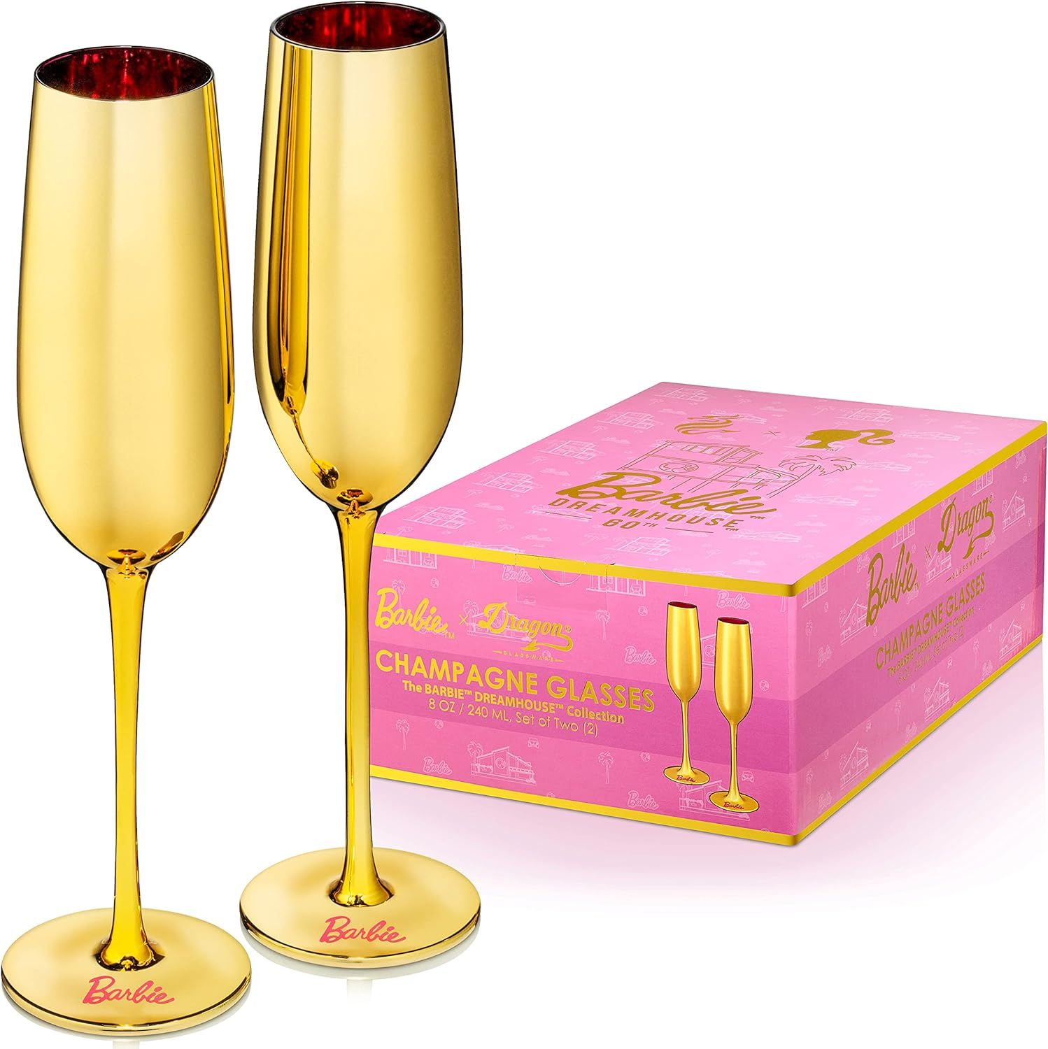 Dragon Glassware x Barbie Champagne Flutes, Barbie Dreamhouse Collection, Gold with Pink Interior... | Amazon (US)