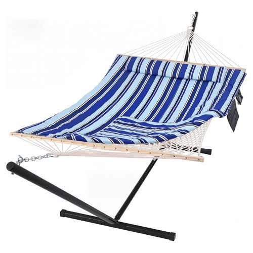 SUNCREAT Double Hammock with Stand, Two Person Cotton Rope Hammock, Blue Stripe | Amazon (US)