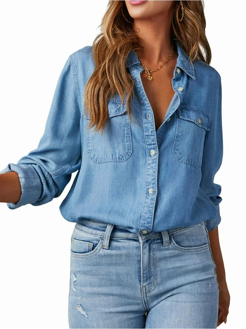 Women Button Down Denim Shirts Casual Long Sleeve V Neck Chambray Blouse Top Dark Blue L | Walmart (US)