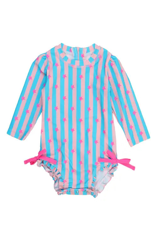 RuffleButts Neon Star Party Long Sleeve Ruffle One-Piece Swimsuit in Pink at Nordstrom, Size 12-18M | Nordstrom
