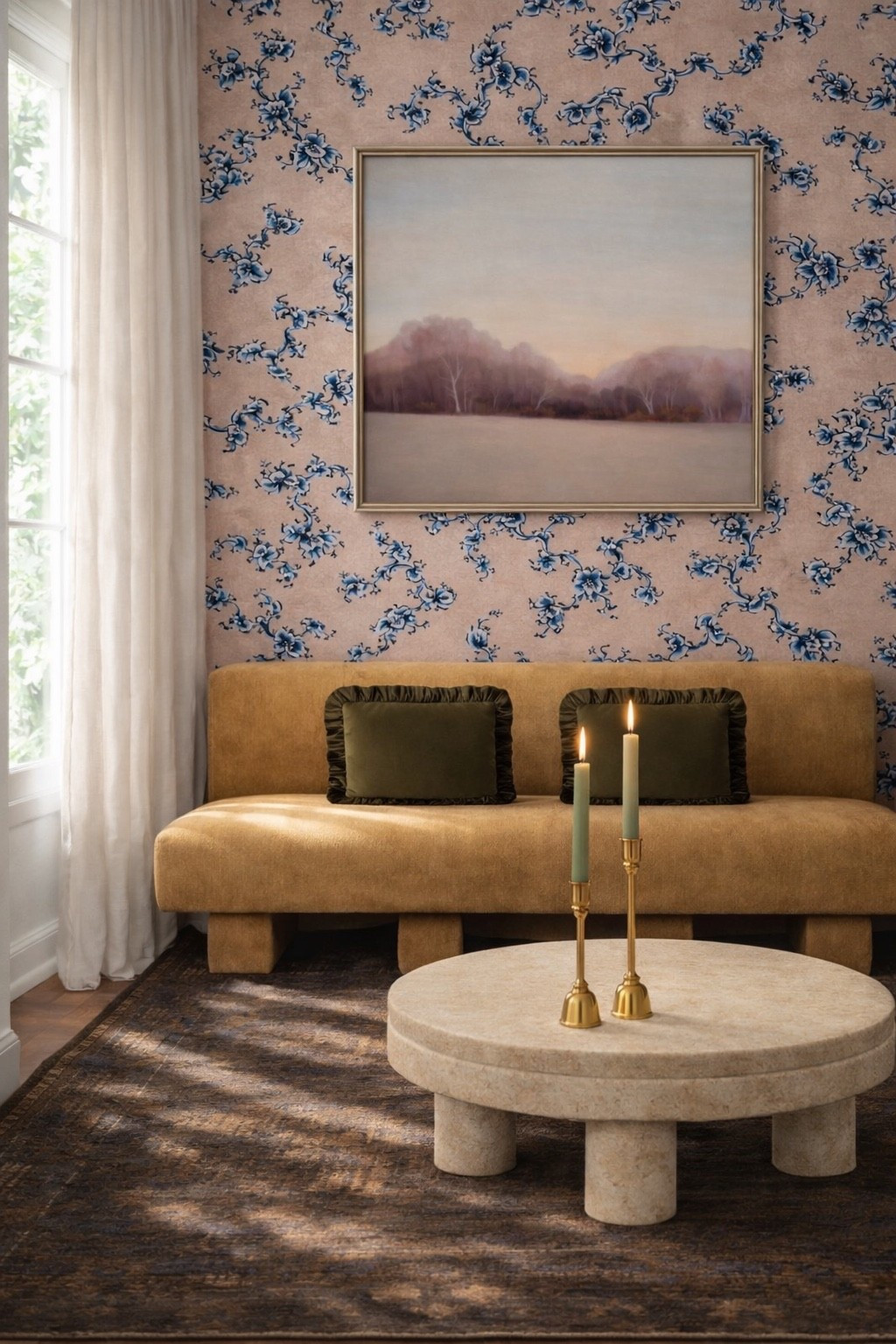 I’ve always loved this romantic British-inspired palette — layered wallpaper, the mustard bench, touches of green, and classic brass details. It feels timeless, cozy, and quietly elegant.

The sheer drapes and the creamy stone coffee table really lighten the space, letting the morning light soften everything.

A calm corner like this is the perfect way to welcome a new week.

⸻




#coffeetable
#coffeetabledecor
#arearug
#wallpaperdecor
#sheerdrapes
#candlestyling
#candleholder
#brasscandleholder
#throwpillow
#raffordpillow
#benchseating
#britishinteriors
#englishinspired
#romanticinteriors
#interiorstyling
#morninglight
#layeredhome


#LTKHome #LTKSpringSale