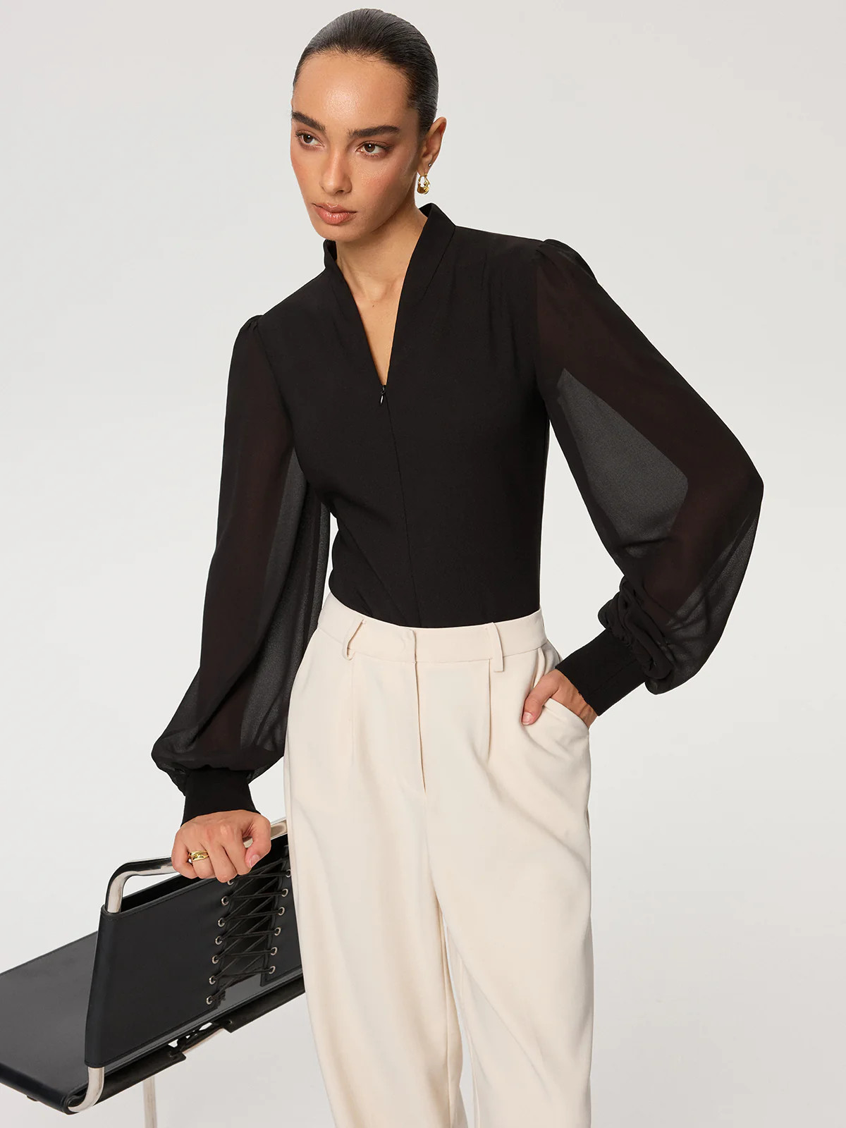 Zip Detail Chiffon Sleeves Blouse | Commense