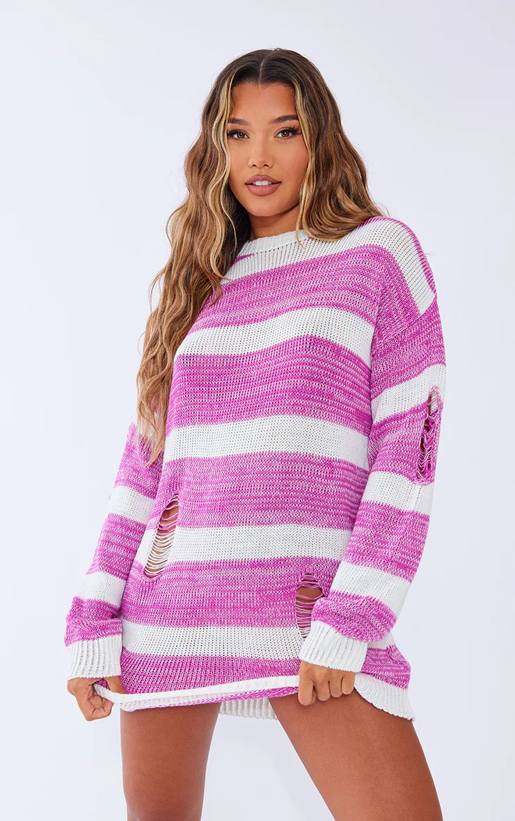 Pink Distressed Stripe Knit Sweater Dress | PrettyLittleThing US