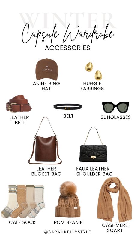 Winter capsule wardrobe, accessories - hat, huggie earrings, belt, sunglasses, bucket bag, shoulder bag, calf socks, cashmere scarf - Sarah Kelly Style

#LTKstyletip #LTKHoliday #LTKSeasonal