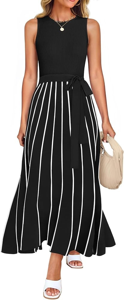 ZESICA Women's Summer Sleeveless Maxi Dress 2026 Crewneck Ribbed Knit Tie Waist Casual A Line Swe... | Amazon (US)