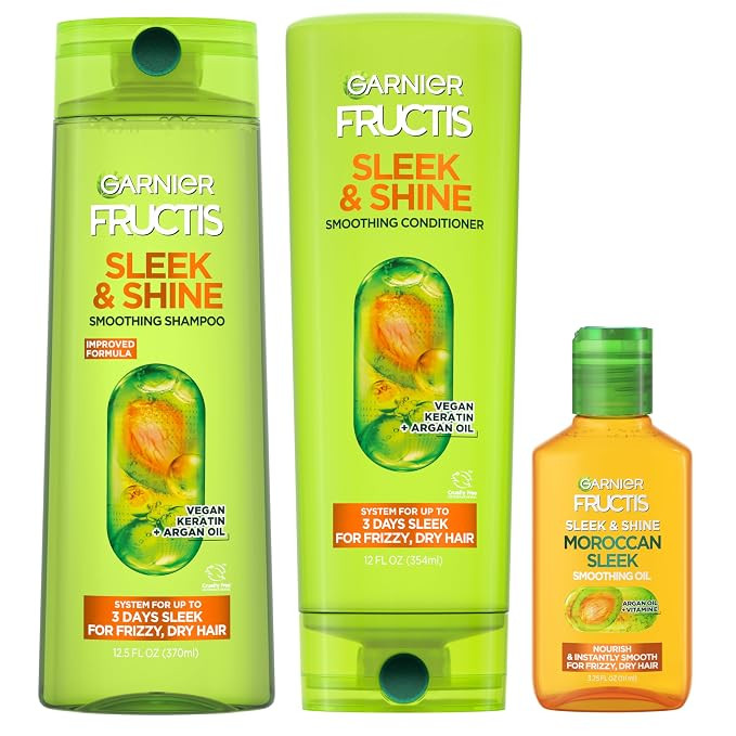 Garnier Fructis Sleek & Shine Shampoo, Conditioner + Moroccan Sleek Oil Set for Frizzy, Dry Hair,... | Amazon (US)