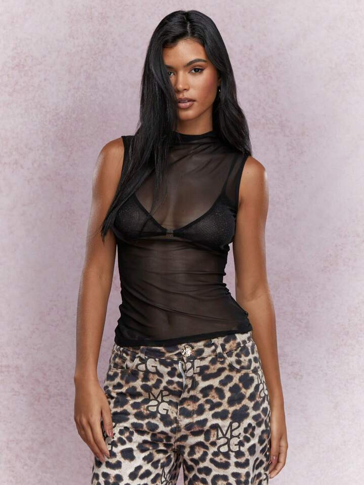 MISSGUIDED Sheer Mesh Polo Neck Sleeveless Top | SHEIN